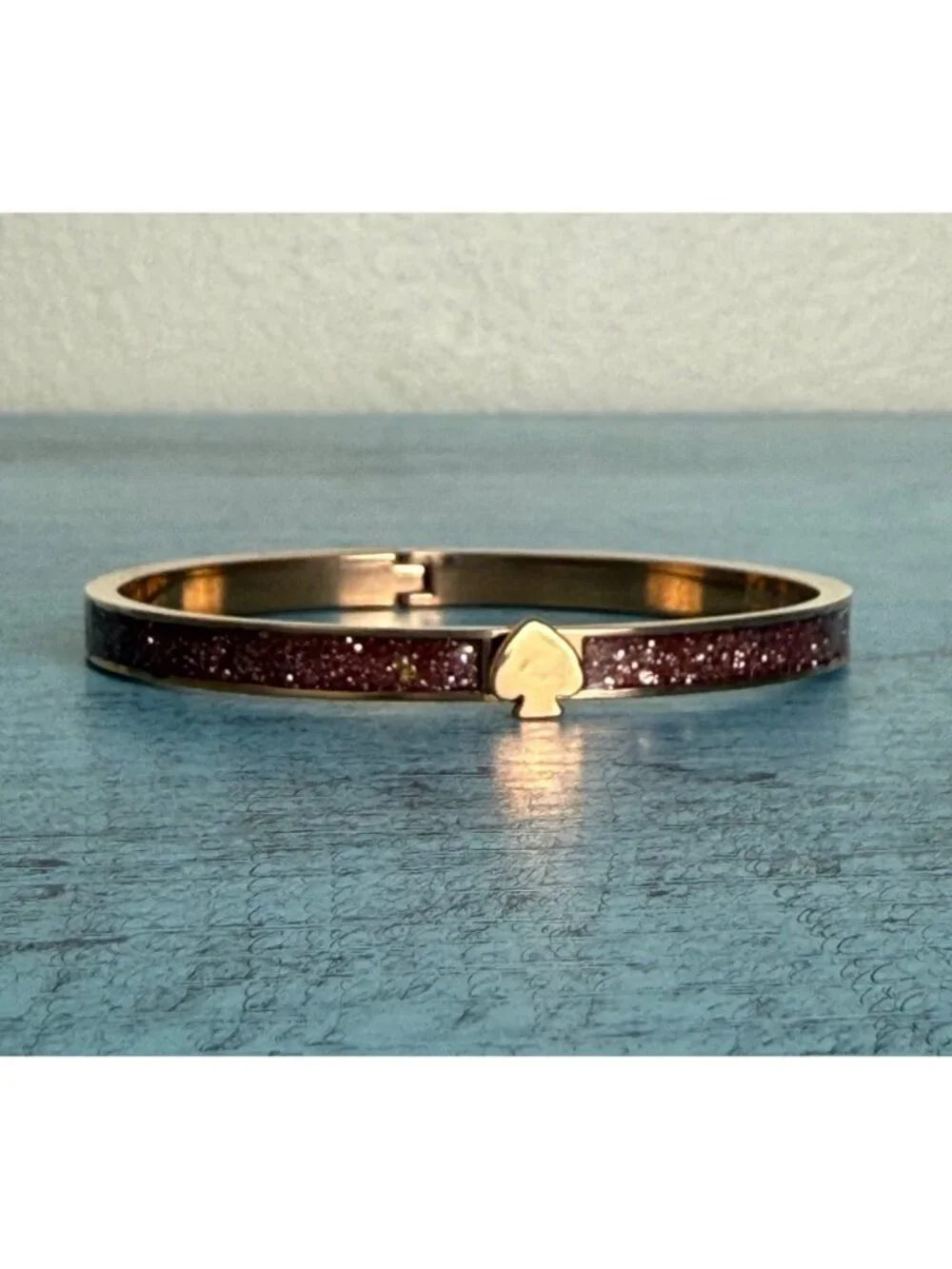 Kate Spade Burgundy Glitter Hinged Bangle Bracelet w/ Spade Accent - 2.5